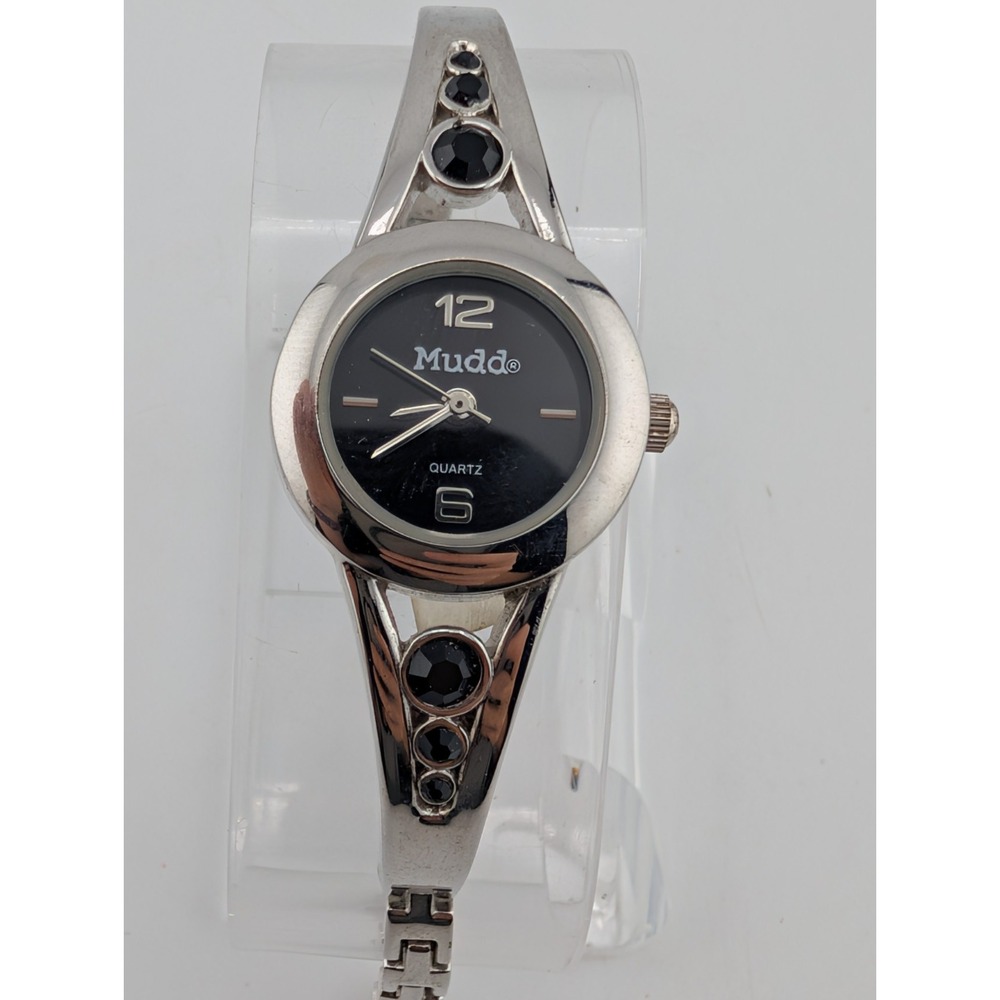 Mudd Women's Watch 22mm Case Silver 6.5" Band Black Accents- New Battery